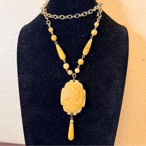 Vintage Cameo natural stone Yellow Jade by Cabi carved pendant necklace